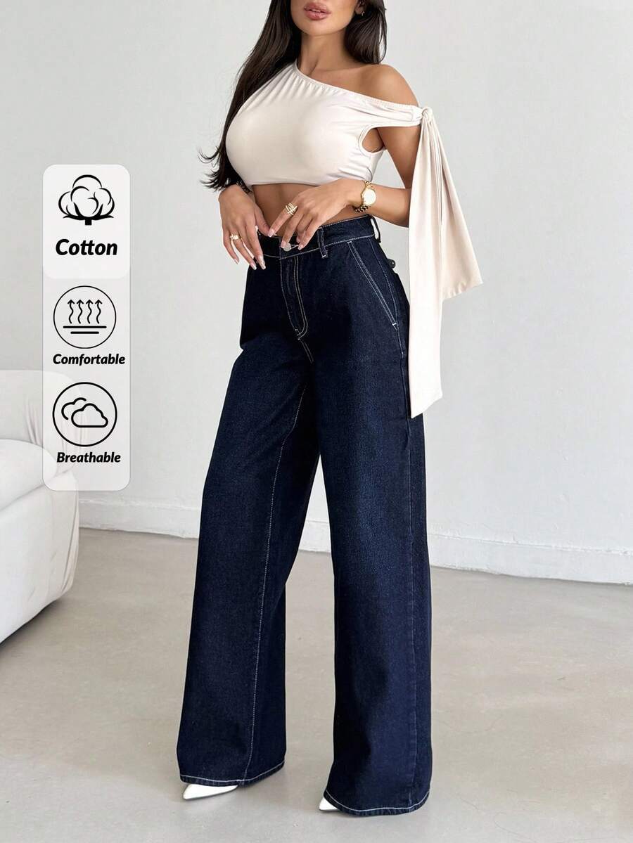 SHEIN Cottnline Women's Loose Flare Leg Pockets Casual Versatile Denim Jeans Women Summer Clothing Woman S Summer Clothes Women Summer Sets - Dark Wash - View 1