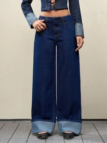 Jeanoix 女式休闲水洗低腰阔腿牛仔裤 - 藍色 - 查看 4