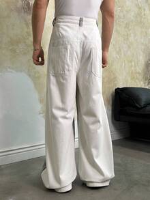 SWAVVY Men's Contrast Color Pocket Belted Loose Floral Print Straight Leg Jeans - Black - View 3