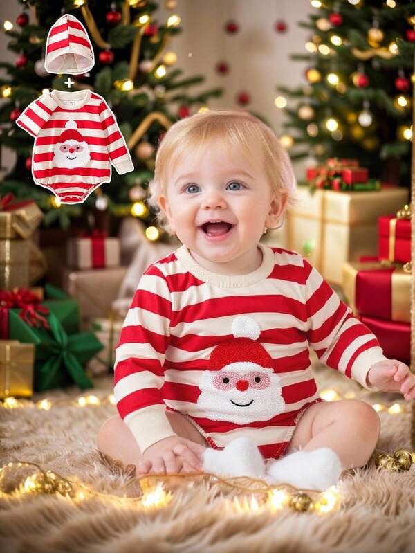 SHEIN Perso Play Christmas Striped Romper & Hat Set, Casual & Cute Outfit For Baby Girls