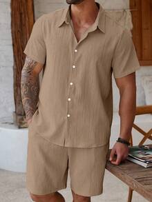 ResortEase Plus Size Men's Casual Textured Solid Color Short Sleeve Shirt And Shorts Set, Summer, Cozy Outfits - Rusty Rose - View 5