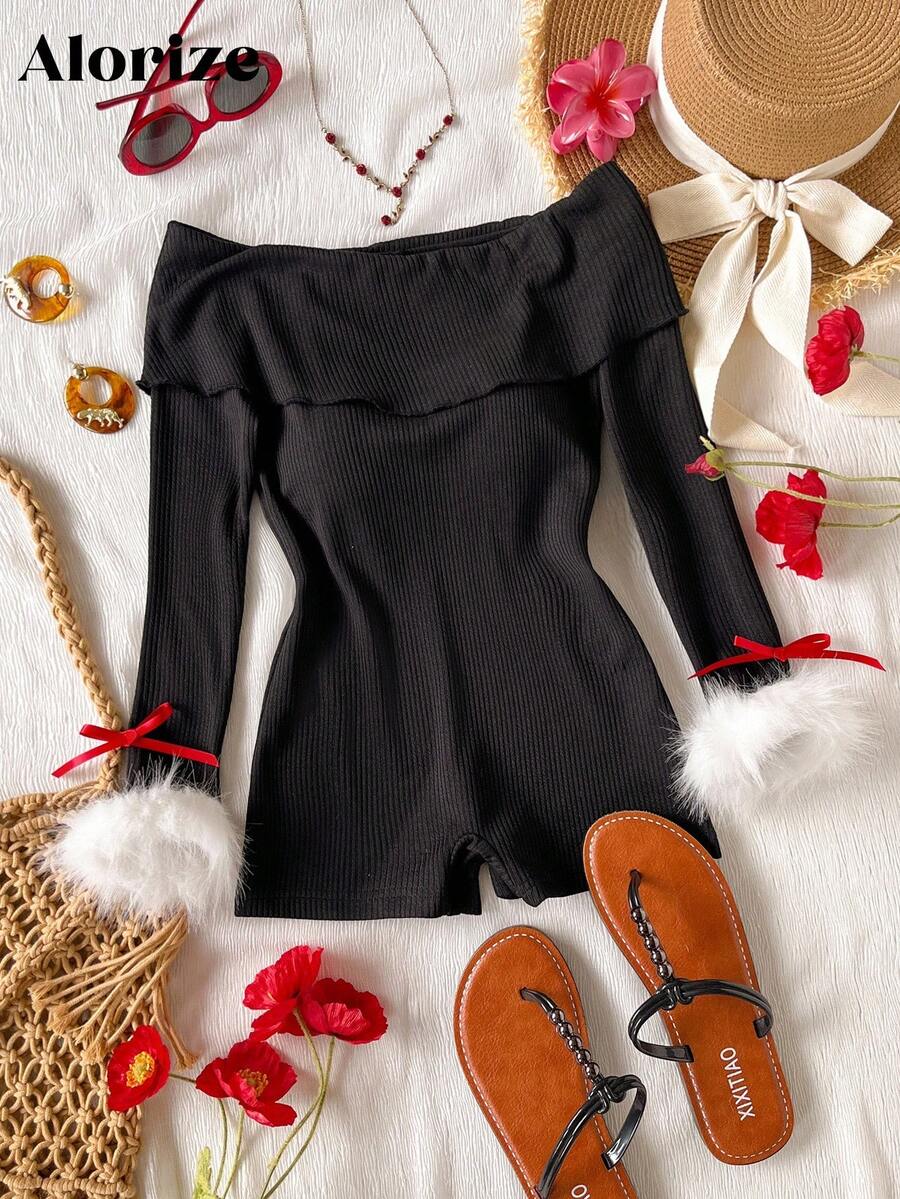 Tween Girl Solid Color One-Shoulder Long Sleeve Ribbed Ruffle Hem Jumpsuit Fall Winter - Black - View 1