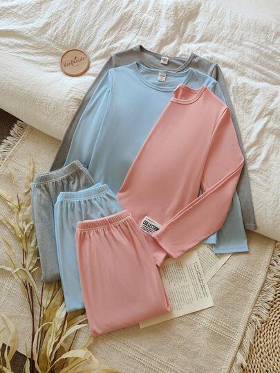 SHEIN 女童多件秋季圆领长袖时尚简约T恤搭配休闲简约裤套装，适合居家休闲或日常逛街散步