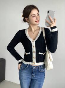 SHEIN LUNE Contrast Color Sexy Minimalist V-Neck Fitted Knit Cardigan, Spring/Autumn Fall Winter Cloth For Women - Black - View 4