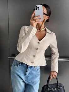 Siren Gaze Casual Commuter Solid Color Metal Buckle Waist Jacket In Fall/Winter - Apricot - View 6