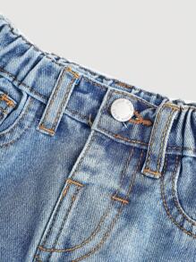 SHEIN 女婴可爱粉色蝴蝶结蓝色牛仔裙，女童春夏休闲度假乡村波西米亚风装，女童沙滩装，女童节日 - 淺色水洗藍 - 查看 4