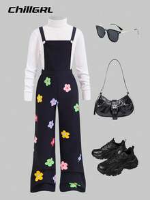 SHEIN Explorewe Tween Girl Digital Floral Print Woven Casual Jumpsuit With Straps, Spring/Autumn - Black - View 1