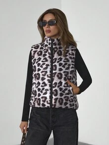EURMUSE All-Over Leopard Printed, Zip-Up Winter Vest - Multicolor - View 4