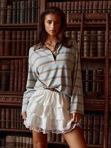 Athîral Jupe mini femme style décontracté et mignon pour l'école, couleur unie avec dentelle contrastée et volants à l'ourlet, sans ceinture - Blanc - Voir 4