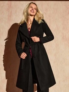 Bóhologie Women's Solid Wool Quality Belted Elegant Overcoat - Black - View 5