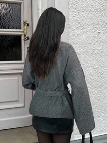 MainGRL Women's Dark Grey Front Tie Long Sleeve Minimalist Overcoat In Fall/Winter - Dark Grey - View 2