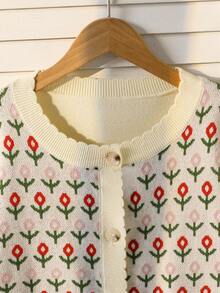 Fashionable Cute All-Over Floral Pattern Long Sleeve Knitted Cardigan For Girls - Apricot - View 5