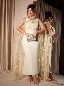 Cravure Plus Size Women's Round Neck Cinched Waist Mesh Bodycon Dress, Flattering Fit, Versatile Fashion, Suitable For Daily Wear, Parties, And Special Occasions