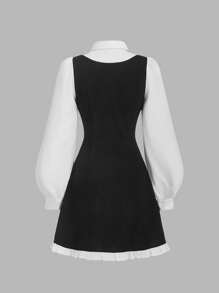 SHEIN Đầm dài tay ngắn đơn giản thoải mái, cổ bẻ, viền bèo nhún, màu sắc tương phản, dành cho bé gái tuổi teen - Đen và trắng - Xem 3