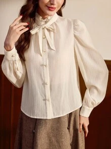 Vintamour 大码复古经典优雅女士衬衫，秋冬修身提花衬衫，前系蝴蝶结，长袖衬衫，杏色蝴蝶结衬衫，奶油色泡泡袖衬衫，荷叶边衬衫，优雅春季女式衬衫 - 杏色 - 查看 8