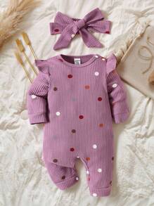 SHEIN Enterizo de punto cómodo con mangas acampanadas y estampado de lunares de colores para bebé recién nacido - Morado - View 3