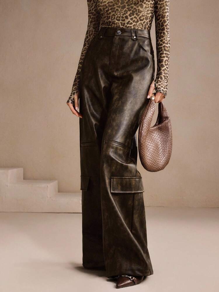 Women's Autumn/Winter Long PU Leather Cargo Pants, Elegant, Formal, Party, Chic, Suitable For New Year, Christmas, Work, Graduation