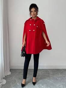 Elenzga 女士红色连帽斗篷，宽松版型，银色蘑菇纽扣装饰，常规款外套，休闲户外时尚日常穿着，适合圣诞节、秋冬季节穿着。 - 彩色 - 查看 5