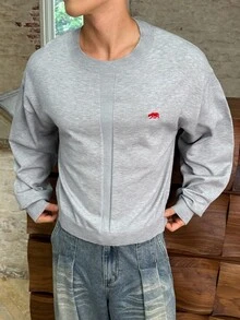 SWAVVY 男士动物刺绣圆领落肩长袖休闲毛衣，秋季 - 淺灰色 - 查看 2