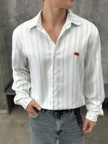 ESTAVOR 男士宽松翻领长袖衬衫，秋季 - 白色 - 查看 3