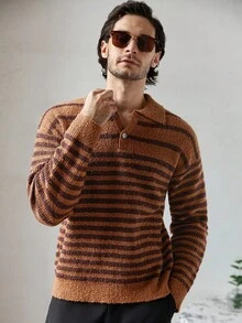 Manfinity Homme 男士条纹长袖 Polo 领休闲毛衣，秋季 - 彩色 - 查看 6