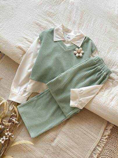 Vintaside Kids Tween Girl Autumn V-Neck Sleeveless Casual Minimalist Tank Top Paired With Casual Turndown Collar Long Sleeve Fashionable Shirt, Matched With Simple Versatile Pants Set. This Outfit Is Suitable For Casual Home Wear, Outdoor Activities Or Vacation, Providing A Comfortable And Stylish Look For The Autumn Season. Fall Winter