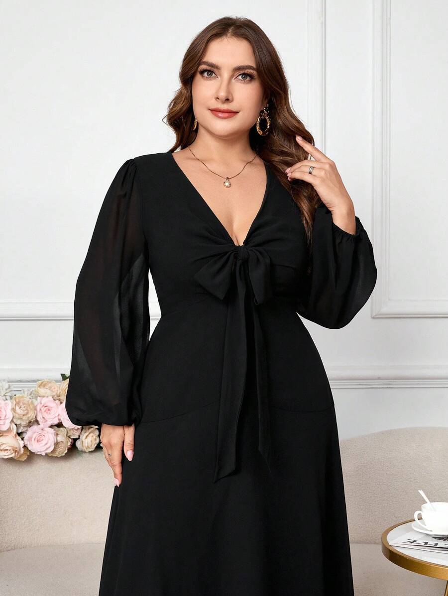 Modelyn Plus Size Solid Color Lantern Sleeve Sheer V-Neck Bow Decor Fashion Dress - Black - View 1