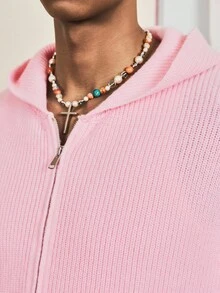 SWAVVY Men's Stylish Solid Color Zip-Up Hooded Cardigan, Autumn, For Fall Winter - Pink - View 5