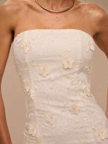 SHEIN BAE 杏色无袖甜心领纹理 3D 刺绣网眼下摆优雅连衣裙，适合优雅场合、生日、伴娘、婚礼宾客 - 杏色 - 查看 4