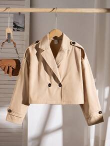 SHEIN 女童翻领短外套休闲风衣长袖时尚百搭春秋季 - 卡其色 - 查看 1