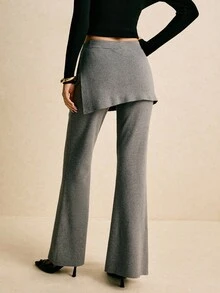 Poéselle 女士灰色针织喇叭裤 - 高腰柔软喇叭裤，分层裙摆设计，针织喇叭裤，喇叭裤，灰色喇叭裤，高腰针织裤，毛衣裤，70年代风格裤子，裙摆喇叭裤，Y2K裤子，柔软触感针织品，秋冬喇叭裤 - 深灰色 - 查看 2