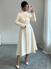 Selianne 女士优雅复古法式通勤大衣，端庄街头时尚下午茶派对必备，翻领双排扣金属纽扣腰部口袋长袖大衣，秋冬女装 - 杏色 - 查看 6