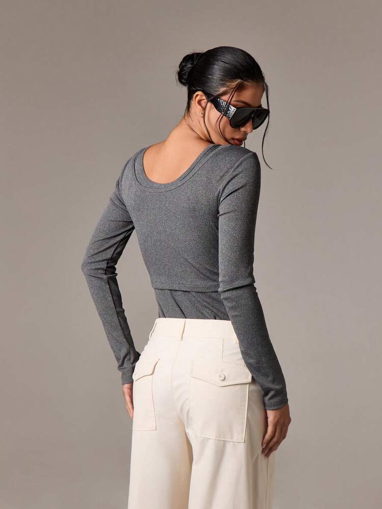 AiiRZ Long Sleeve Layered Ribbed Bodysuit Double Neckline Form Fitting Fall Winter Bodywear Base Layer Fashion Essential Casual Everyday Wear