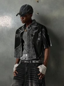 NEON BLANC 男士夏季时尚街头刺绣拼布口袋水洗牛仔衬衫 - 黑色 - 查看 2