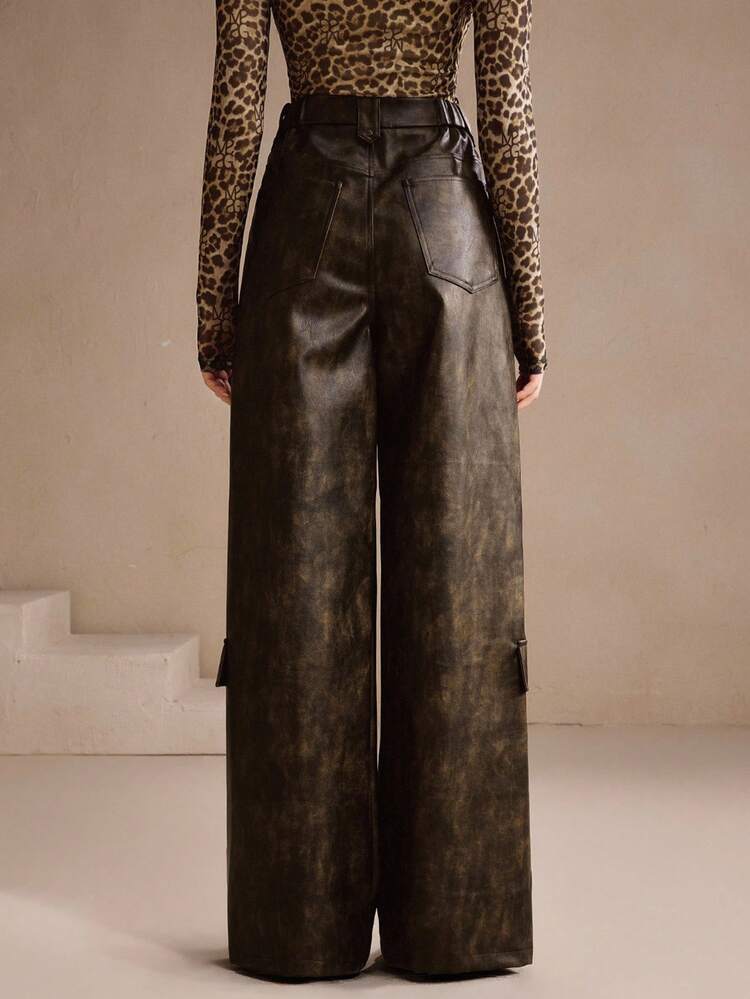 Women's Autumn/Winter Long PU Leather Cargo Pants, Elegant, Formal, Party, Chic, Suitable For New Year, Christmas, Work, Graduation