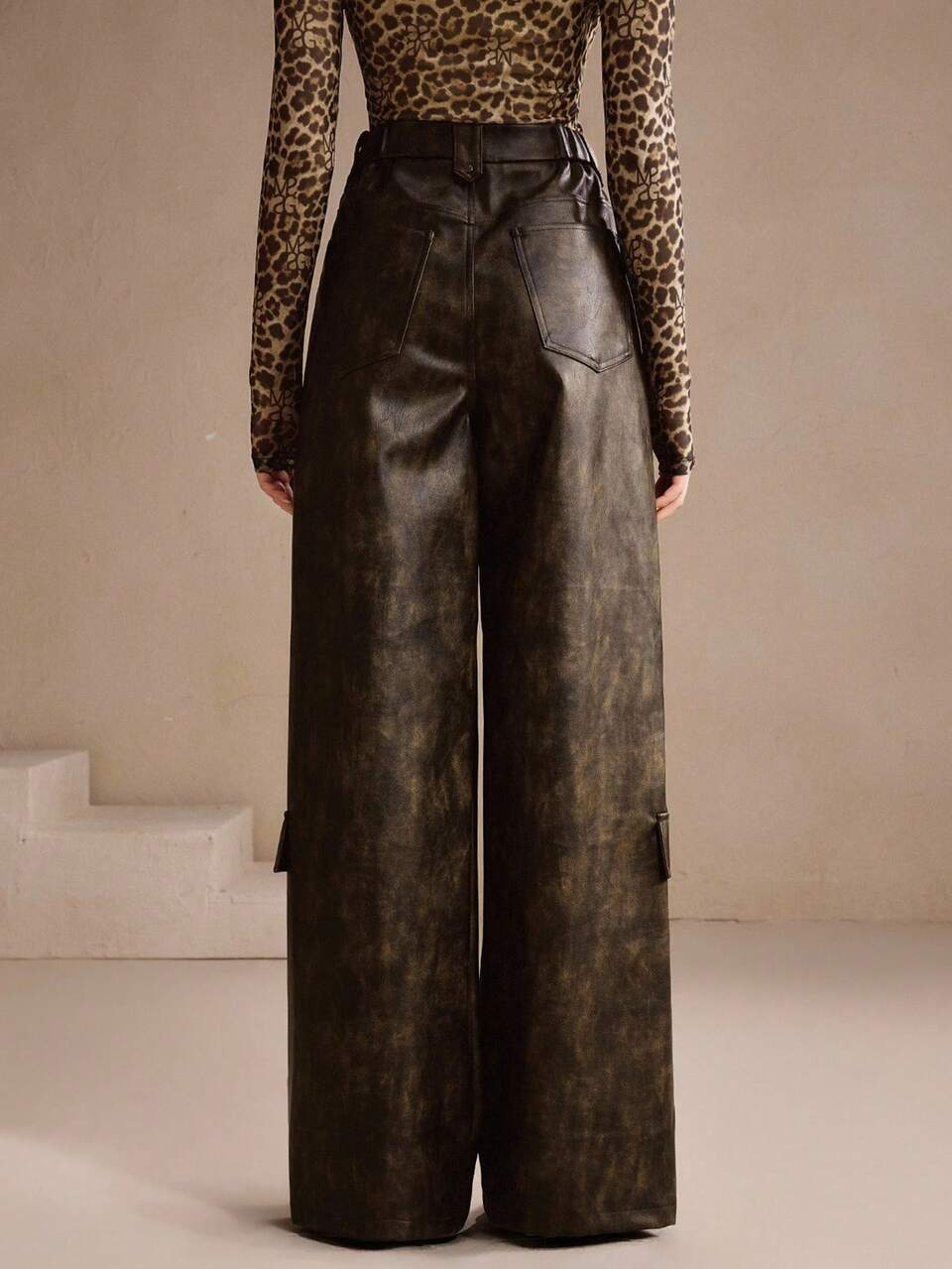 Women's Autumn/Winter Long PU Leather Cargo Pants, Elegant, Formal, Party, Chic, Suitable For New Year, Christmas, Work, Graduation