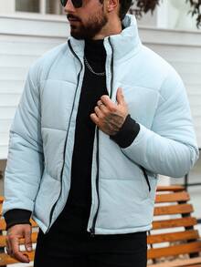 Manfinity Homme 男士纯色简约休闲立领拉链长袖棉服外套，浅蓝色，秋冬 - 淺藍色 - 查看 4