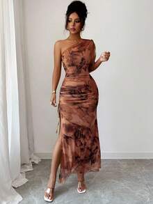 Rafferiza 女式优雅无袖花卉印花网眼高开衩连衣裙 - 咖啡 - 查看 3