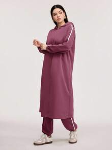 Veilorie Contrast Tape Side Hooded Coat & Pants 2 Pieces Set - Dusty Pink - View 3