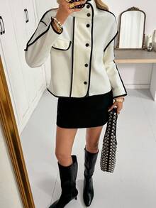 SHEIN Essnce 女士秋冬羊毛混纺撞色饰边长袖夹克 - 黑與白 - 查看 6