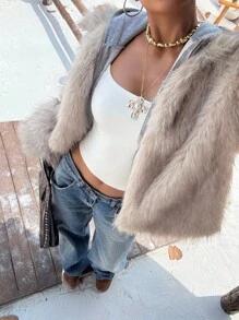 Muchica 女士人造毛皮保暖厚长袖夹克，时尚冬季外套 - 卡其色 - 查看 4