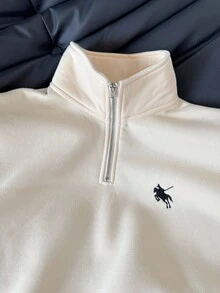 少女杏色休闲简约经典刺绣长袖针织半拉链领宽松套头衫，英伦印花，适合秋冬季 - 杏色 - 查看 4