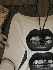 SHEIN EZwear Autumn New Arrival Oversized Round Neck Oblique Shoulder Ruffle Hem Printed Long Sleeve Sexy Asymmetric Neck Pullover T-Shirt For WomenIn Fall/Winter