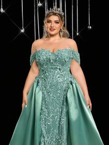 SHEIN Belle Elegant Romantic Off Shoulder Lace Applique Puff Maxi Dress, Suitable For Balls, Vacations, Wedding Photoshoots, Weddings, Bridal Gowns - Green - View 3
