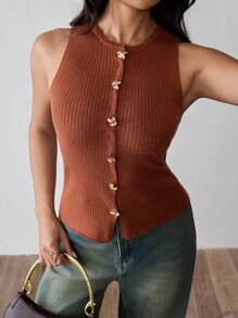 Islaluna Chaleco de punto acanalado con botones para mujer, informal - Café integral - Ver 4