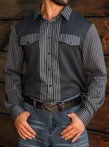 Manfinity Nomadique Áo sơ mi nam tay dài hai túi họa tiết sọc dành cho kỳ nghỉ trưởng thành Áo sơ mi nam kiểu Tây Áo sơ mi nam kiểu Tây sọc xám Áo sơ mi nam kiểu Tây xám - Màu xám đen - Xem 5