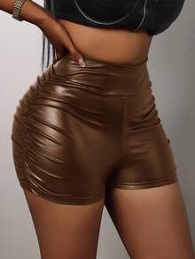 Slaydiva Elegant Party Slim-Fit High-Waisted Side Pleated Faux Leather Shorts For Women - Mocha Brown - View 3