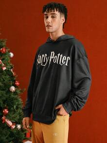 HARRY POTTER X SHEIN Men's Full Print Christmas Theme Hooded Long Sleeve Sweatshirt, Fall - Multicolor - View 2