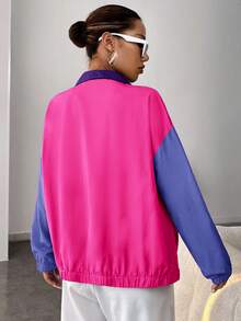 SHEIN EZwear Chaqueta con cremallera de hombros caídos y bloques de color de primavera para otoño/invierno - Multicolor - Ver 2