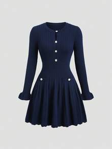 GlowEve Váy len ngắn tay dài màu xanh navy thanh lịch kiểu Pháp đầu thu, viền bèo nhún cổ điển, duyên dáng, thích hợp mặc đi làm - Màu xanh hải quân - Xem 1